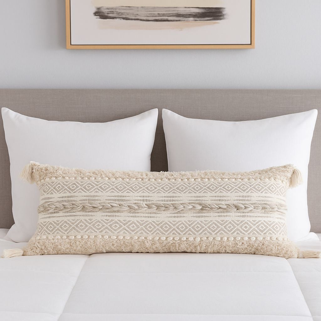 Beige Boho 14*36 inch Lumbar Cushion with Filler