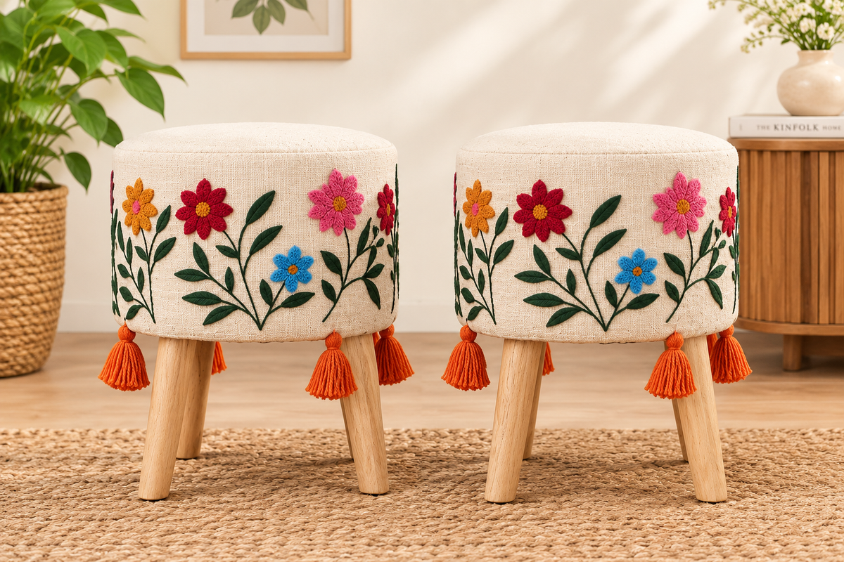Multicolour Floral Embroidered Wooden Leg Stool – Set of 2