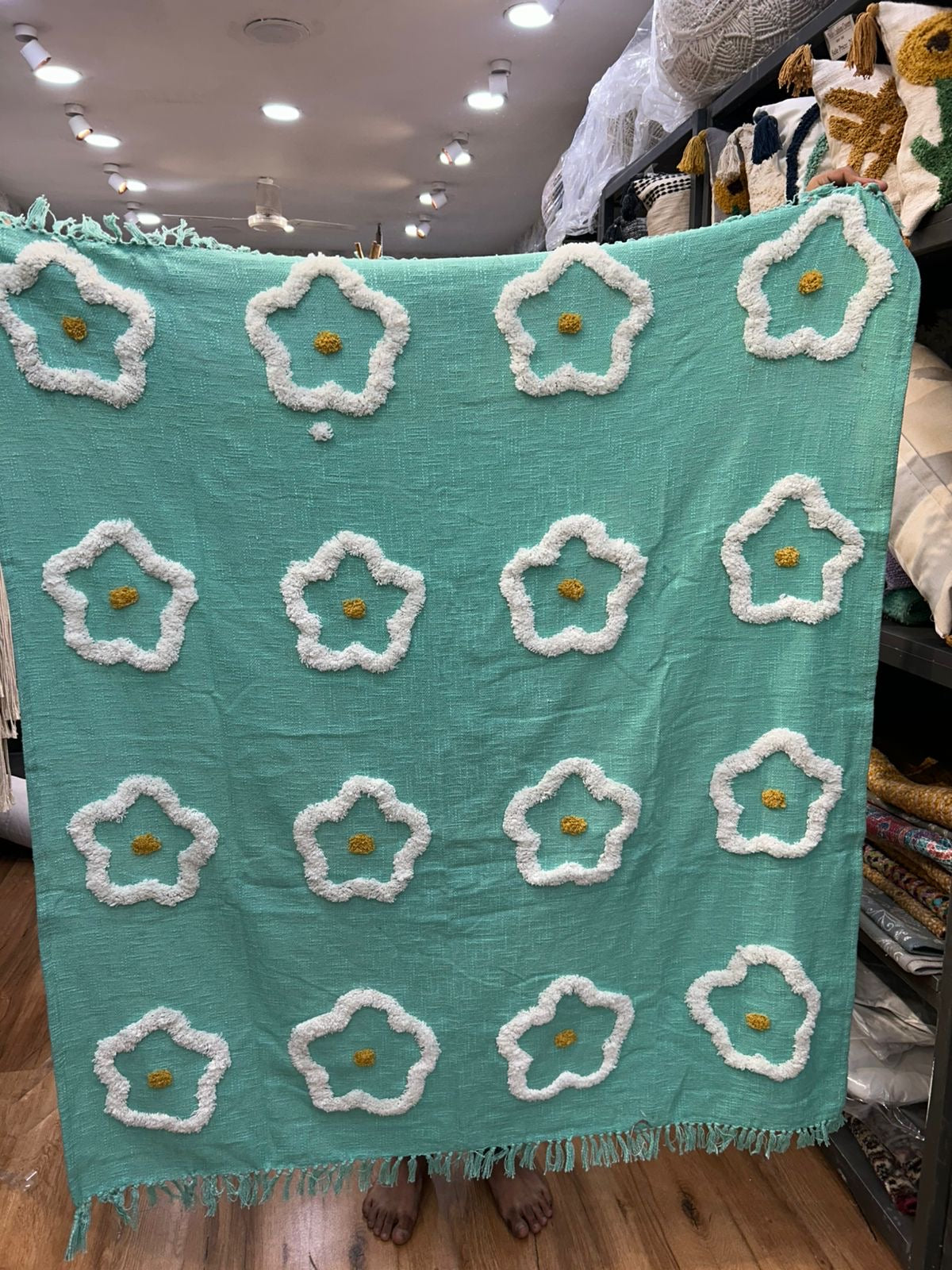 White Flower Teel Green Sofa Throw