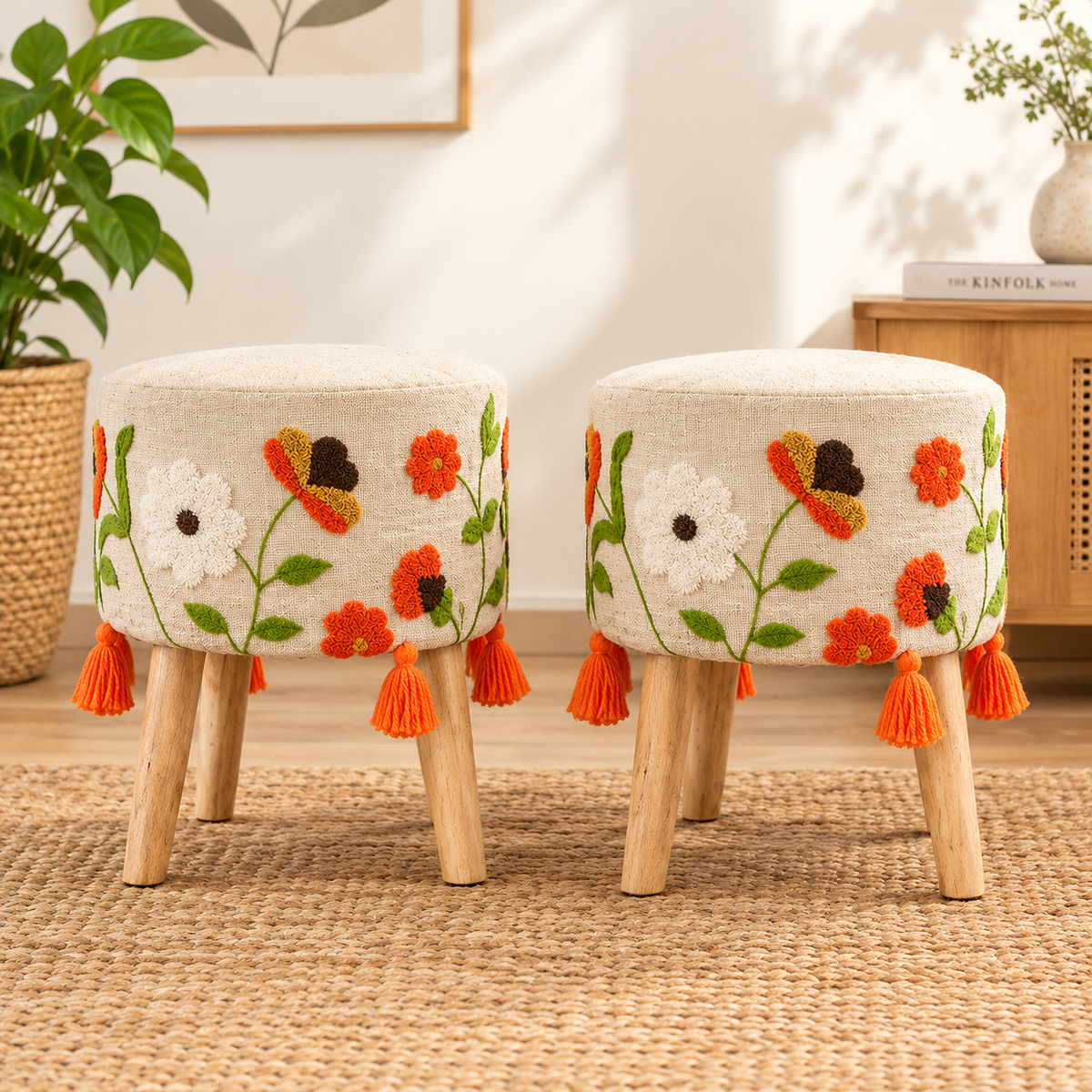 Boho Bloom Embroidered Wooden Leg Ottoman Stool – Orange Floral & Butterfly Design