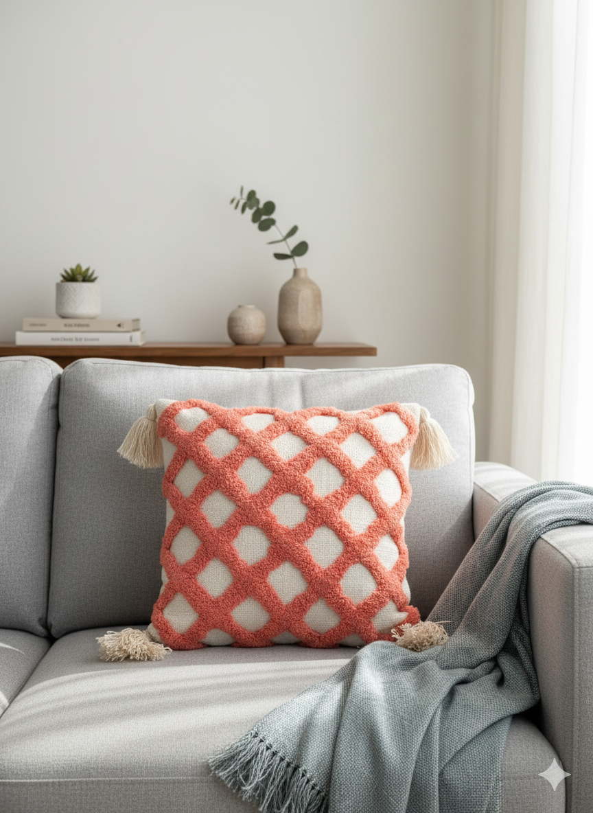 Pink Zig Zag Tufted Cushion Cover
