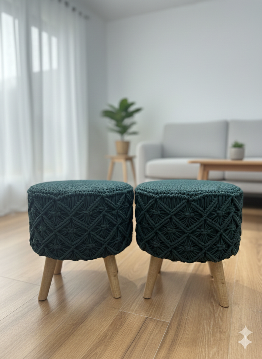 Green Macrame Ottoman Pair