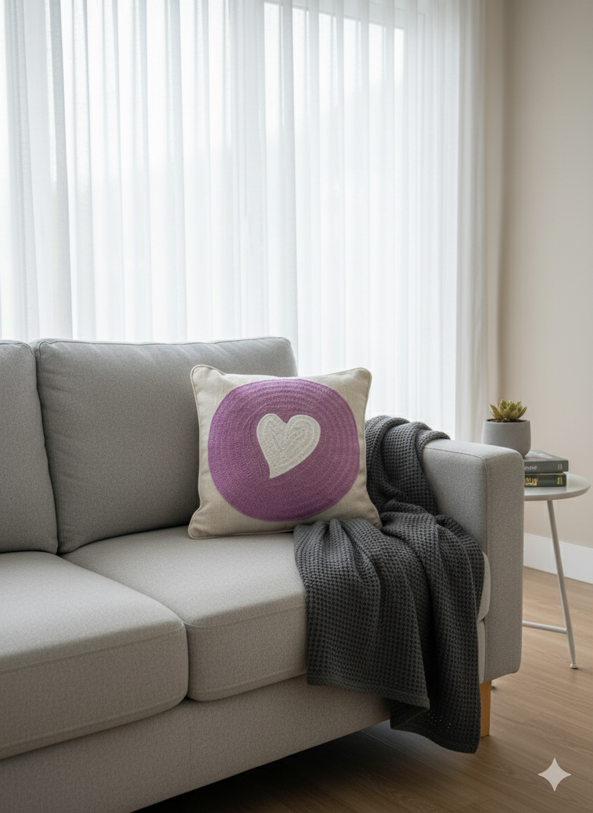 Lavender Heart Embroided Cushion Cover