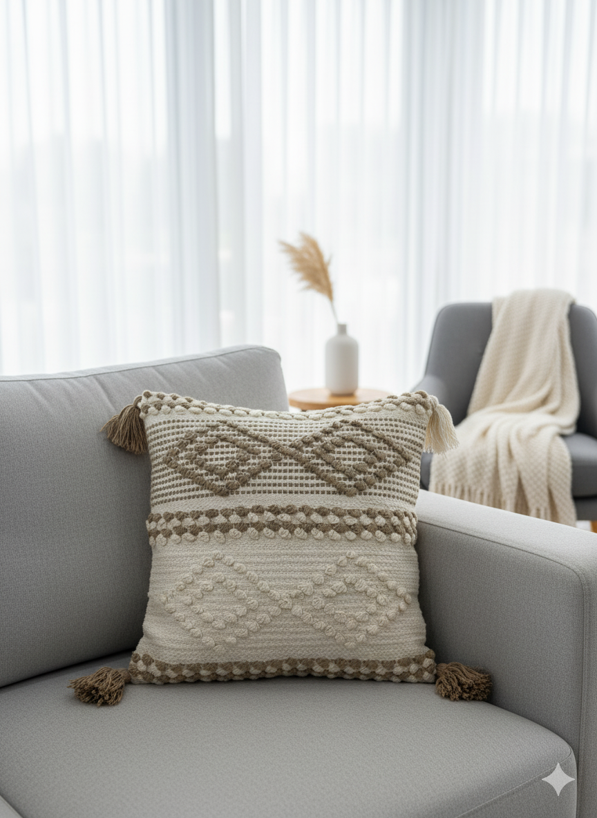 Double Diamond Beige White Boho Cushion Cover