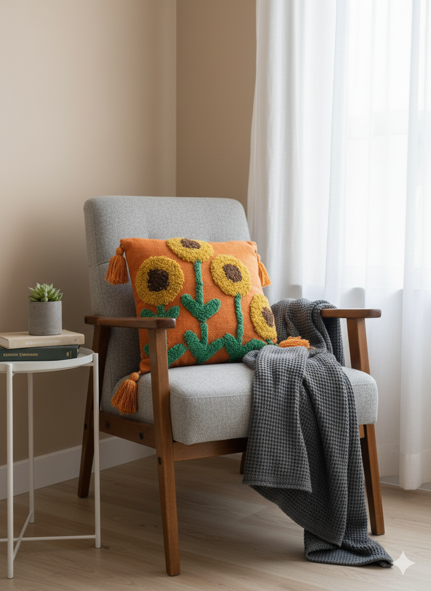 Rust Sunflower Tufted Cushion Cover