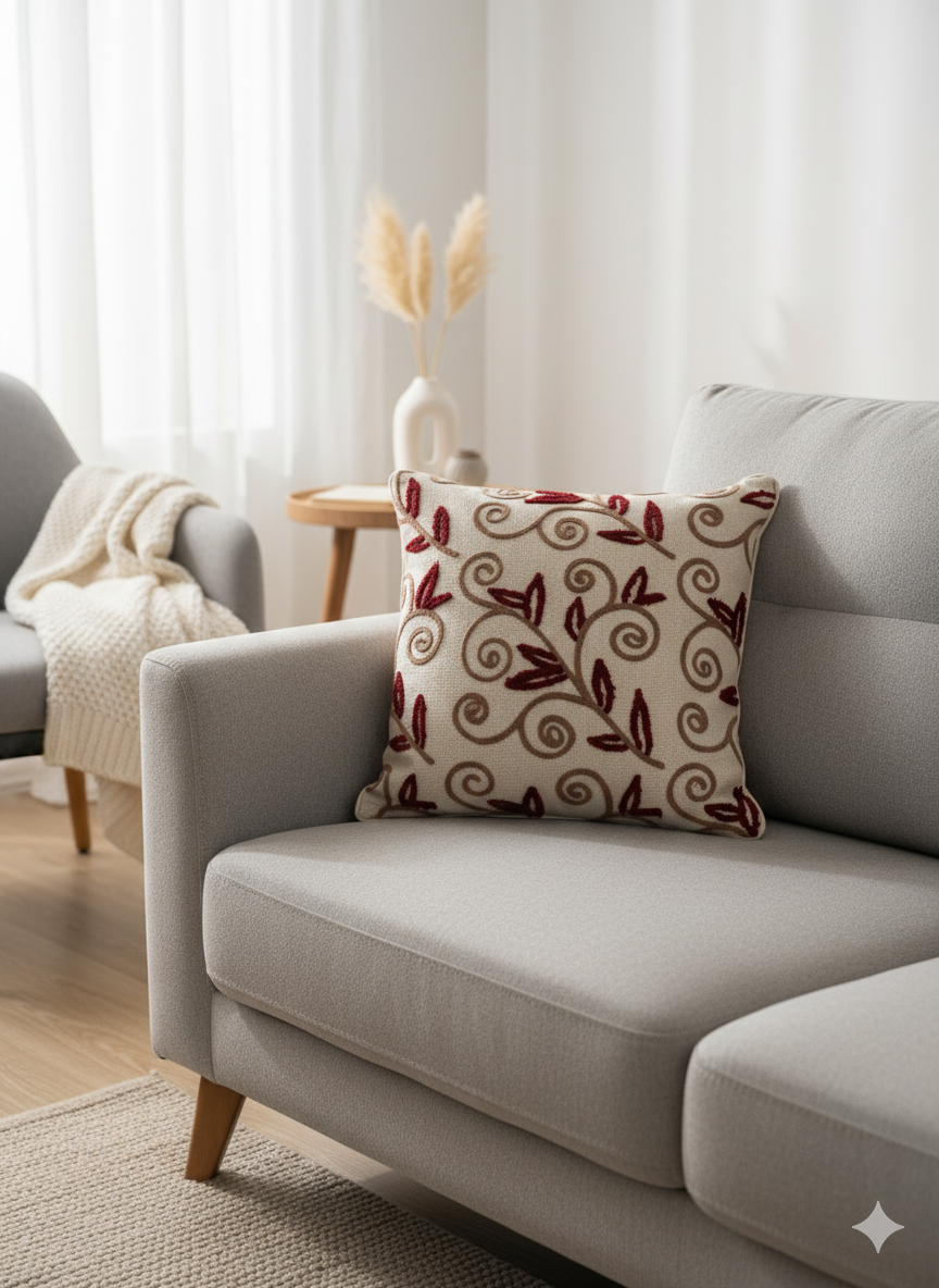 Maroon Leaves Embroided Cushion Cover