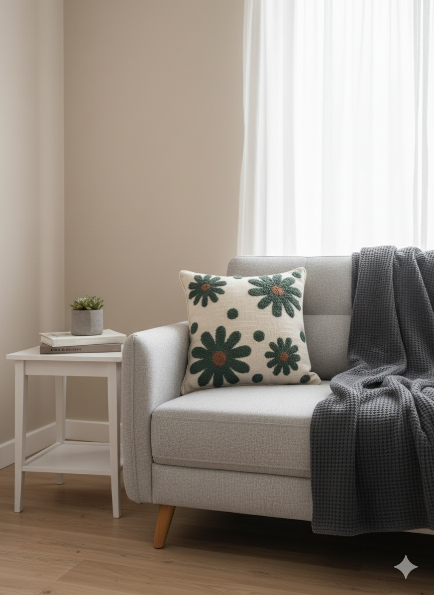 Grey Flower Embroided Cushion Cover