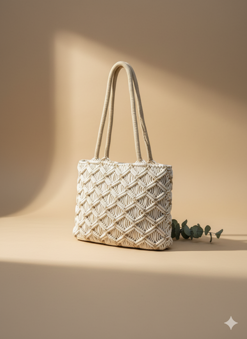 Beige Macrame Tote Bag