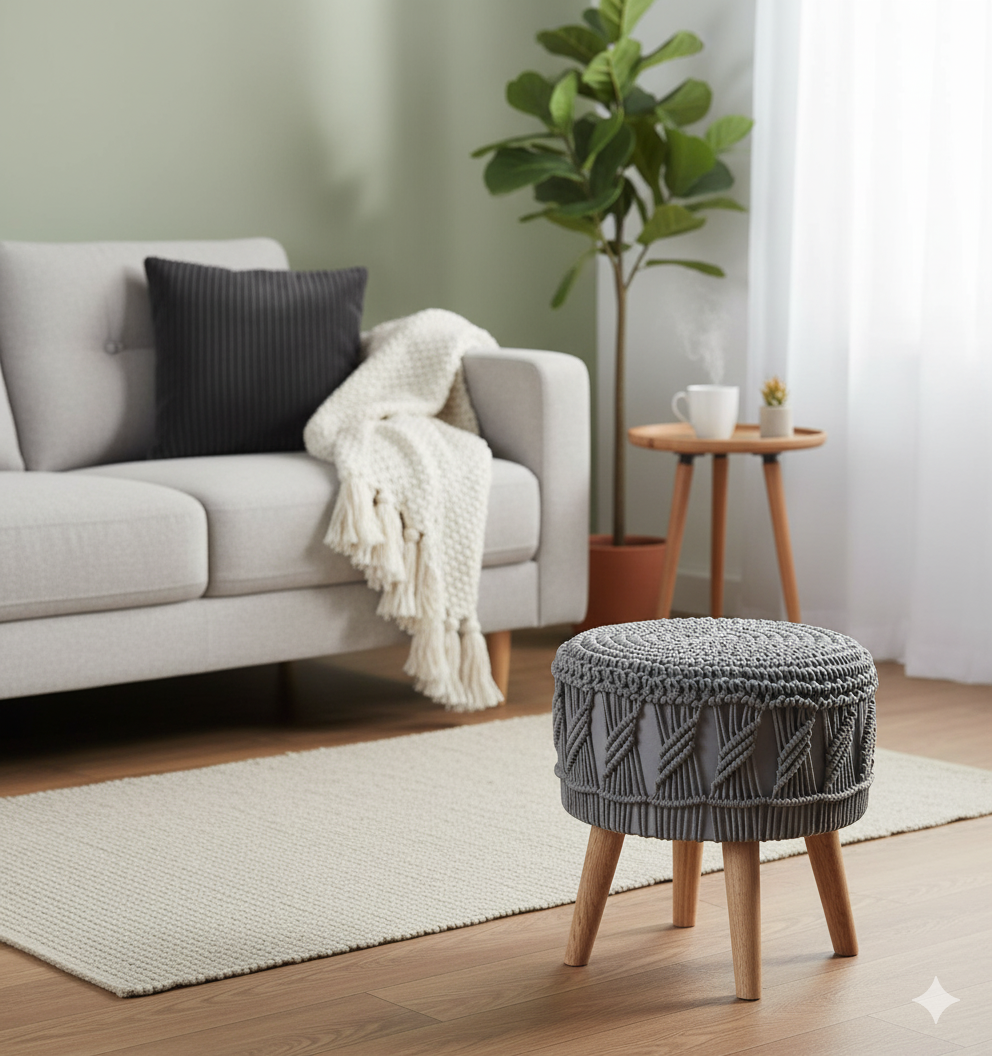 Grey Macrame Ottoman