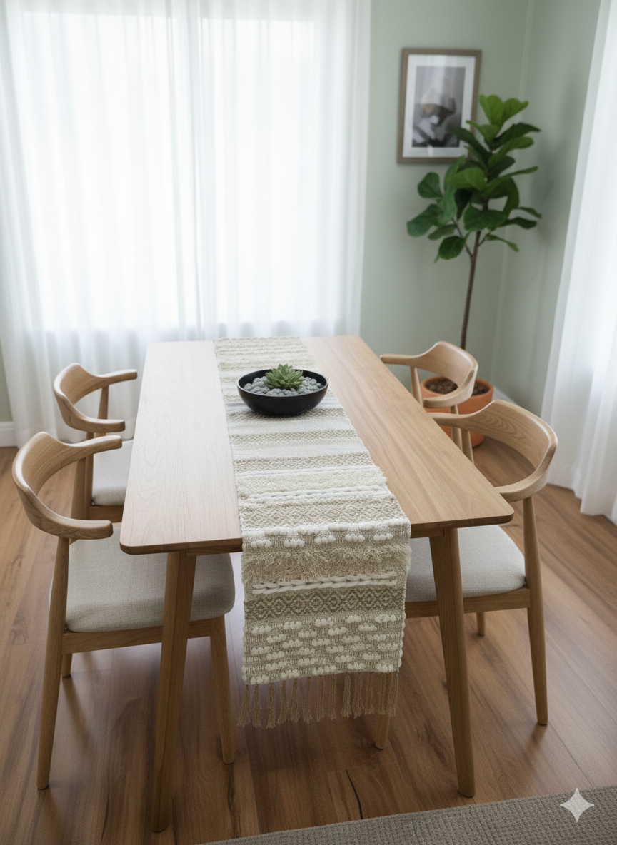 Beige Beaded Boho Table Runner