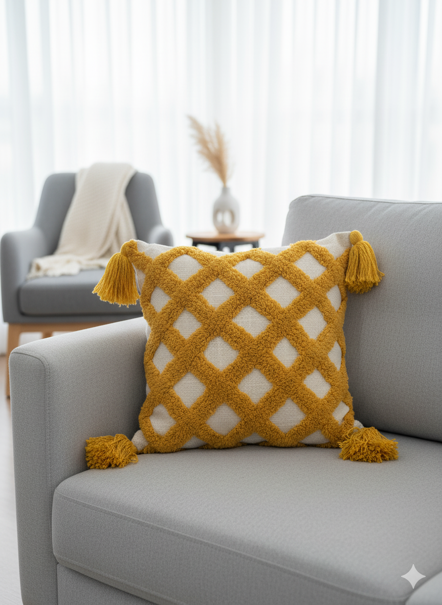 Yellow Zig Zag Tufted Cushion Cover