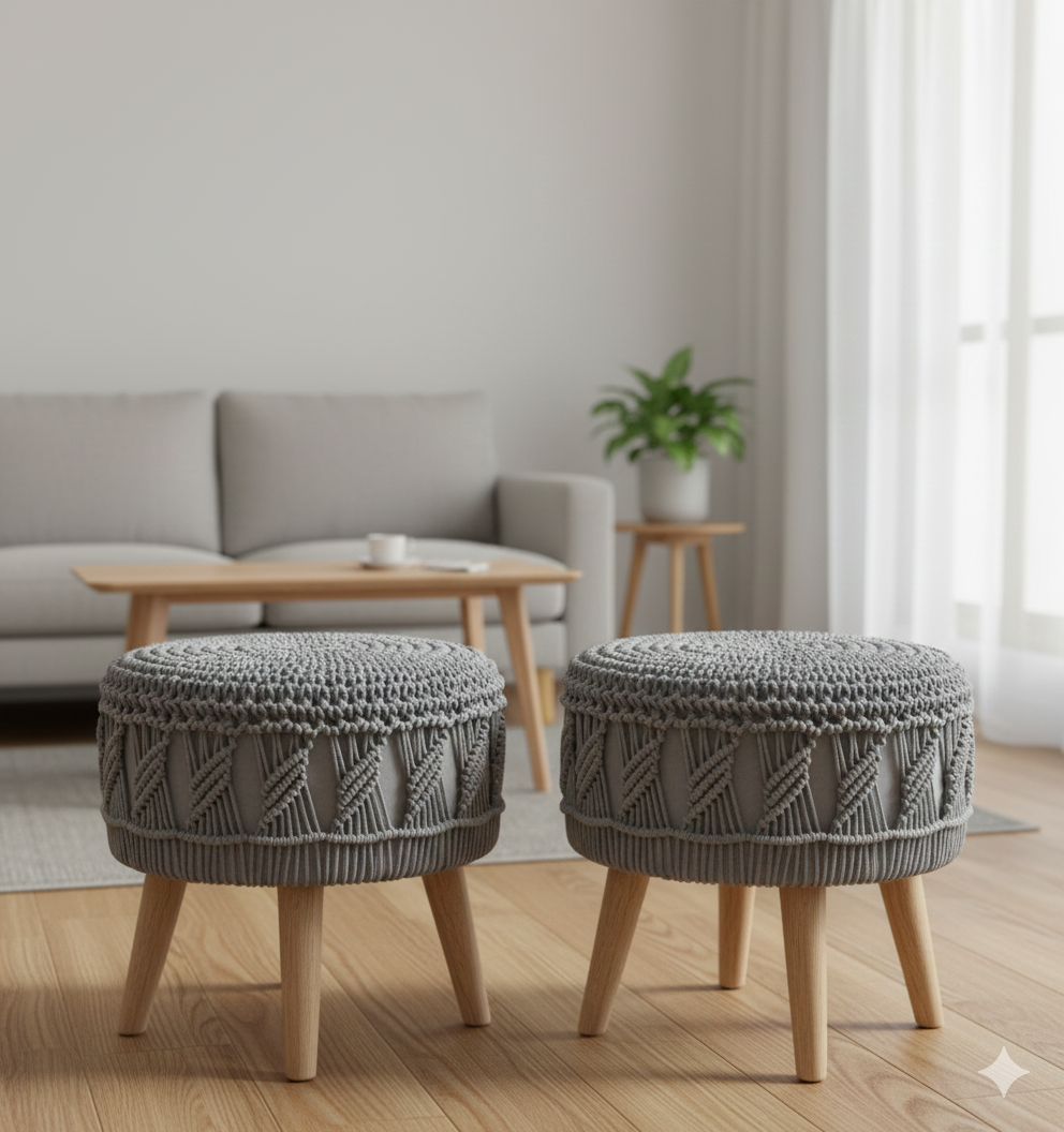 Grey Macrame Ottoman Pair