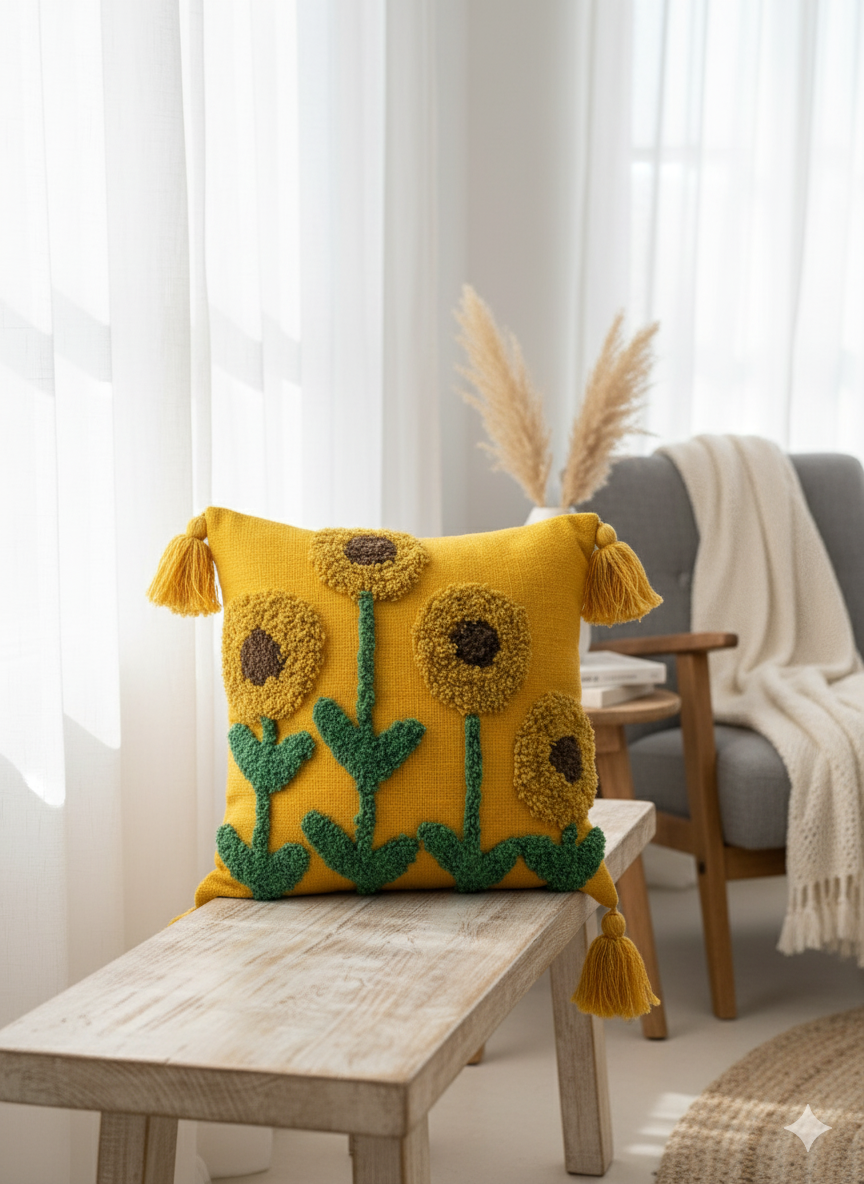 Mustard Sunflower Tufted Cushion Cover