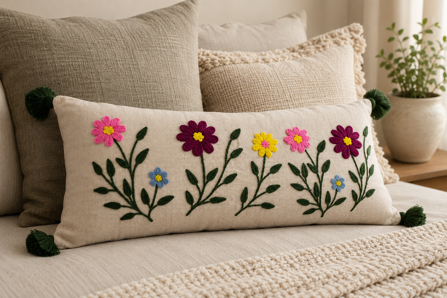 Embroided Multi Flower 14*36 inch Lumbar Cushion with Cover