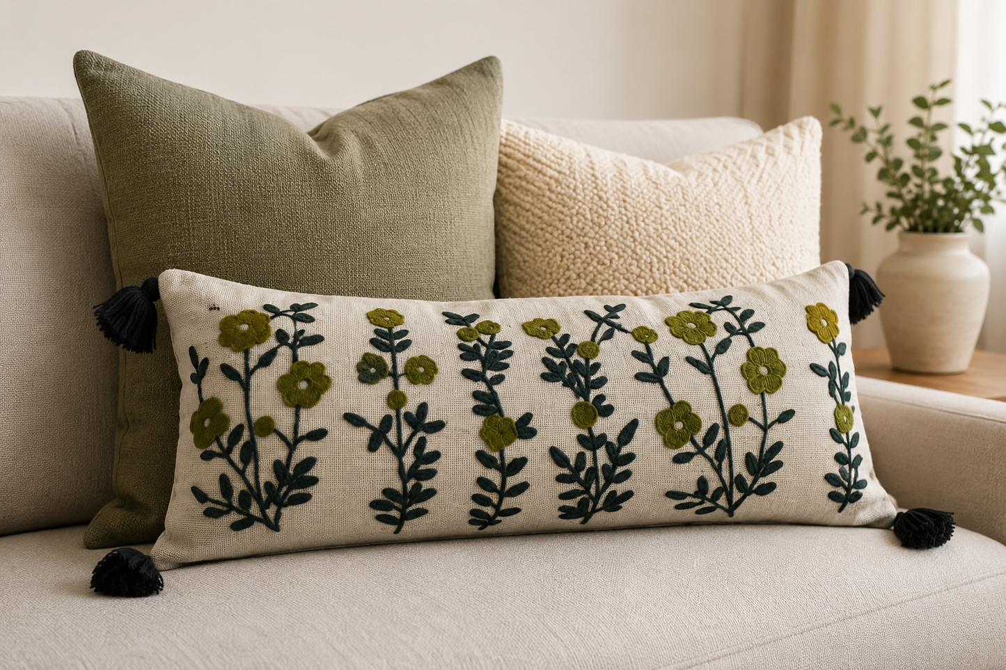 Embroided Green Flowers 14*36 inch Lumbar Cushion with Cover (Copy)