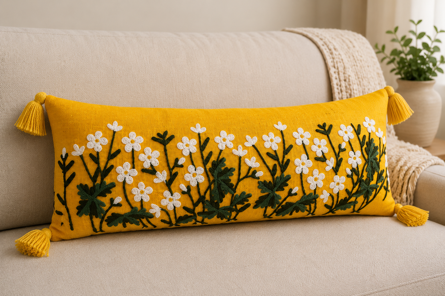 Embroided Mustard Green White 14*36 inch Lumbar Cushion with Cover
