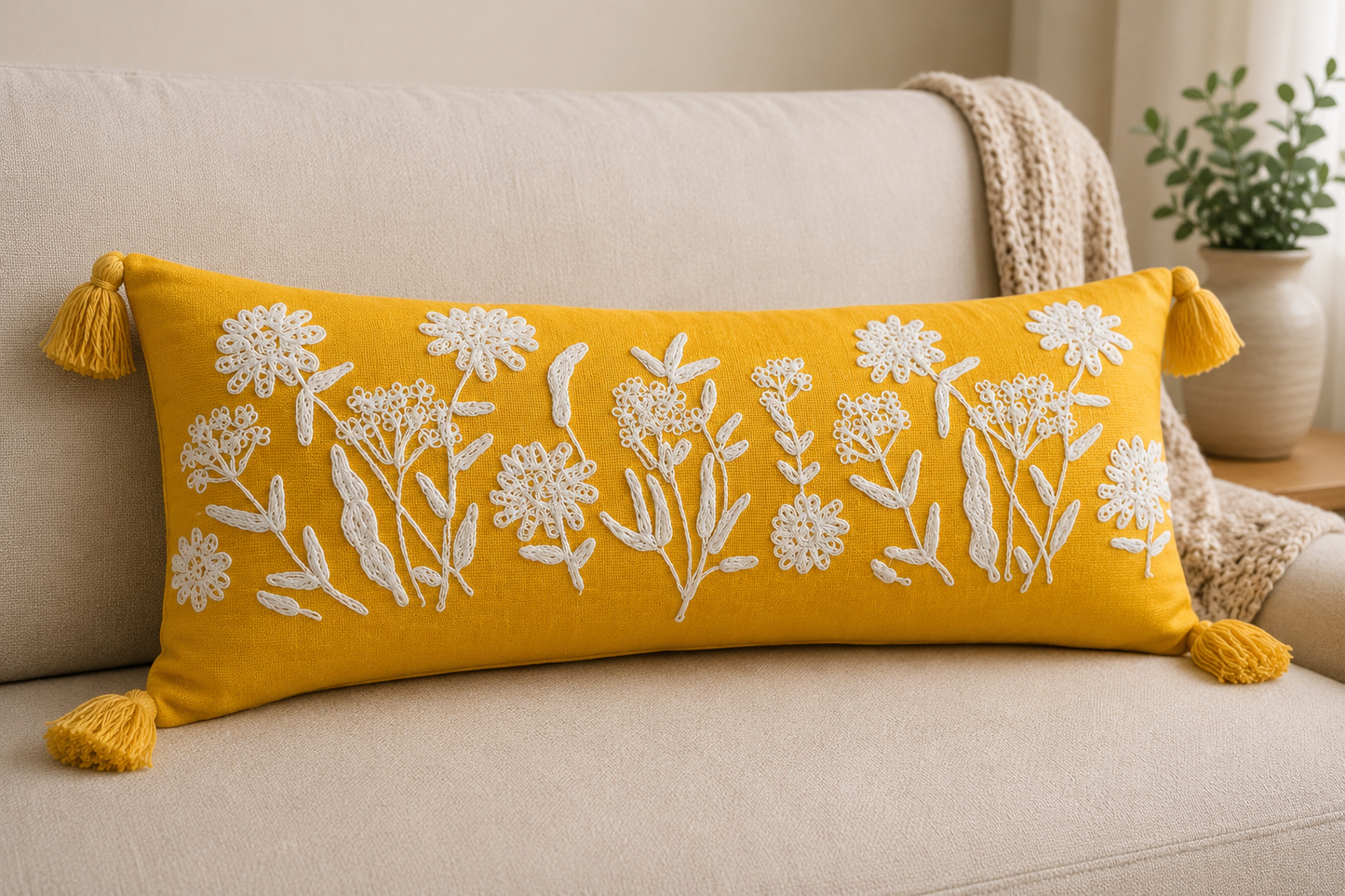 Embroided Mustard White Flower 14*36 inch Lumbar Cushion with Cover