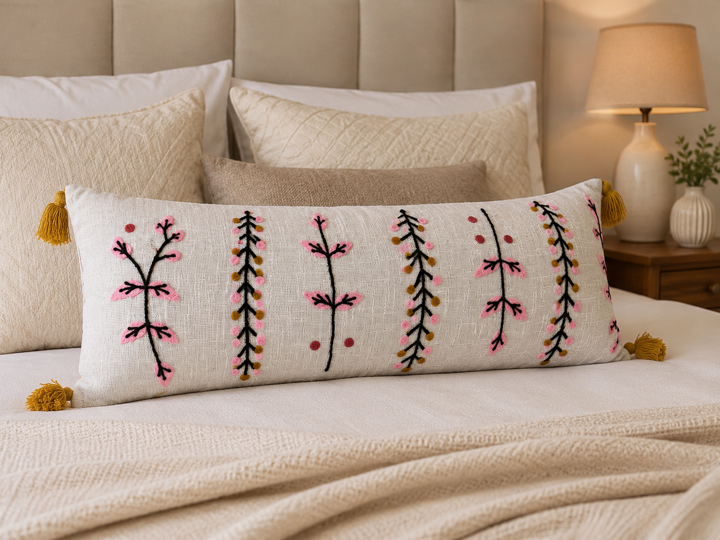 Embroided Pink Minimal 14*36 inch Lumbar Cushion with Cover