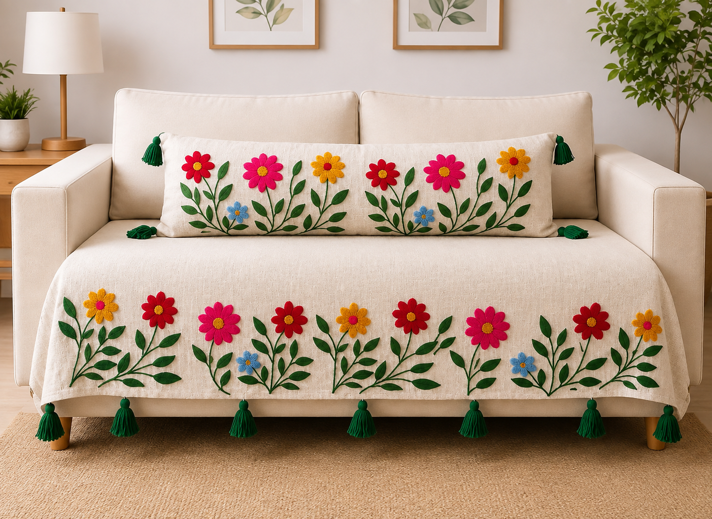 36" Tesseled Blooming Garden Embroided Sofa Cover