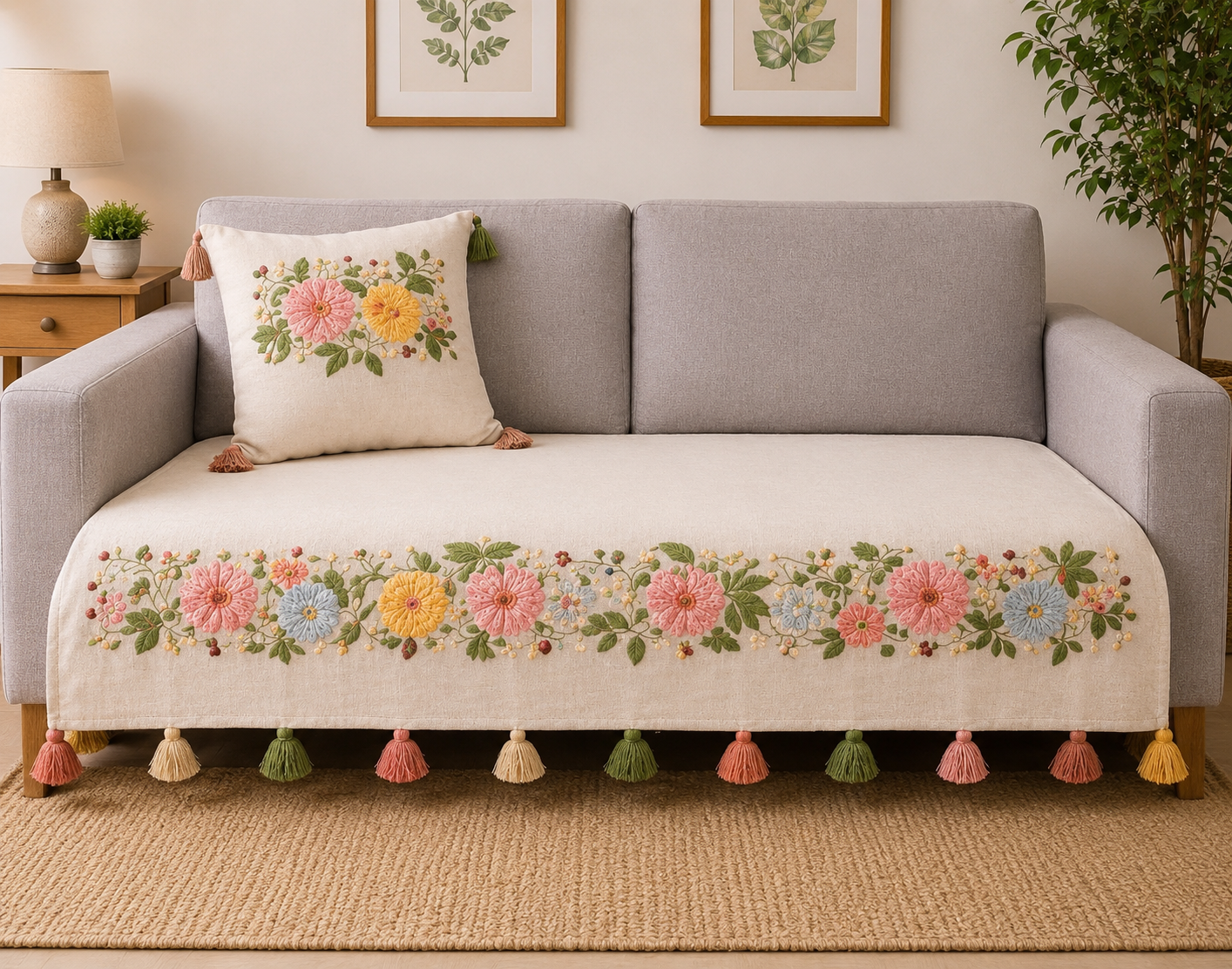 36" Tesseled Serene Bloom Embroided Sofa Cover