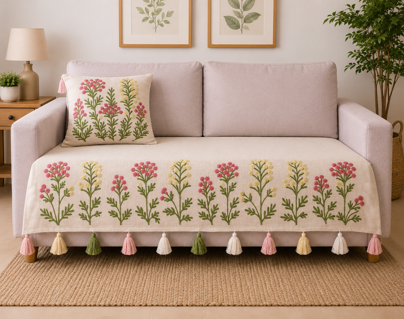 36" Tesseled Pink Beaded Embroided Sofa Cover