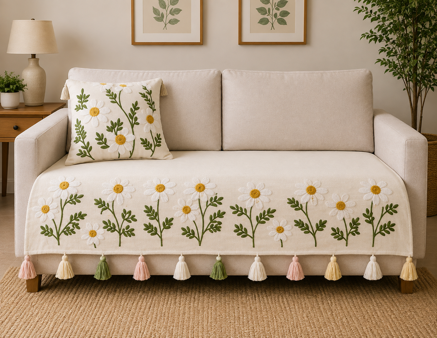 36" Tesseled Green White Floral Embroided Sofa Cover