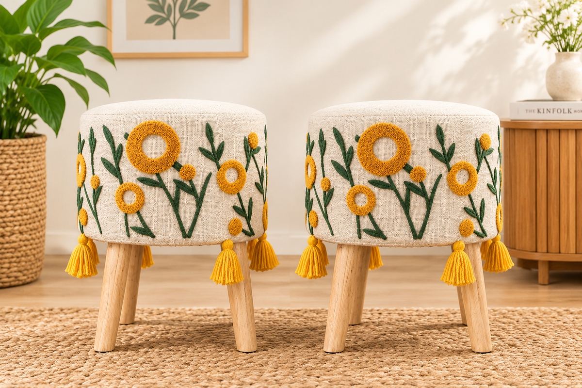 Mustard Floral Embroidered Wooden Leg Stools – Set of 2