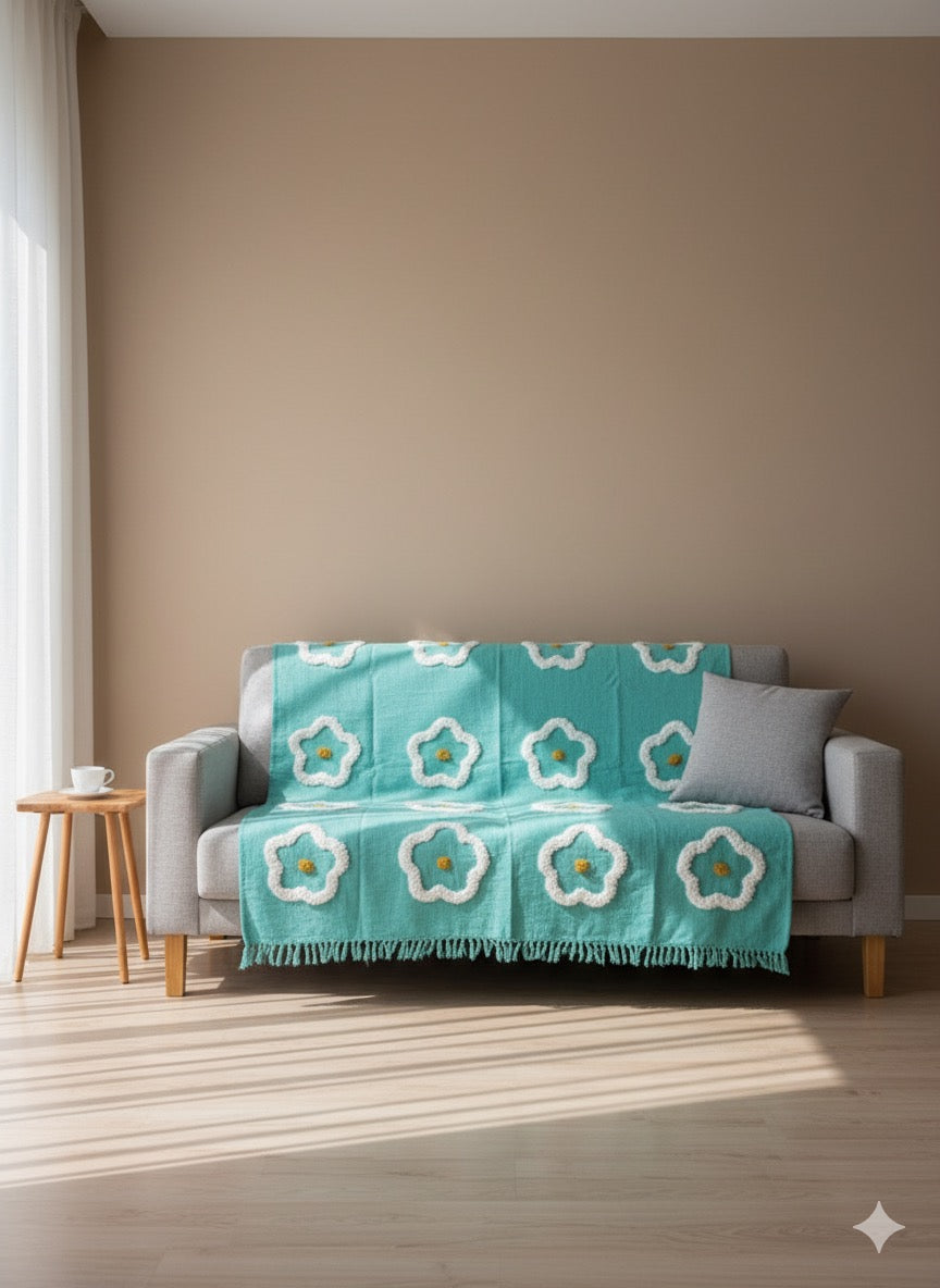 White Flower Teel Green Sofa Throw