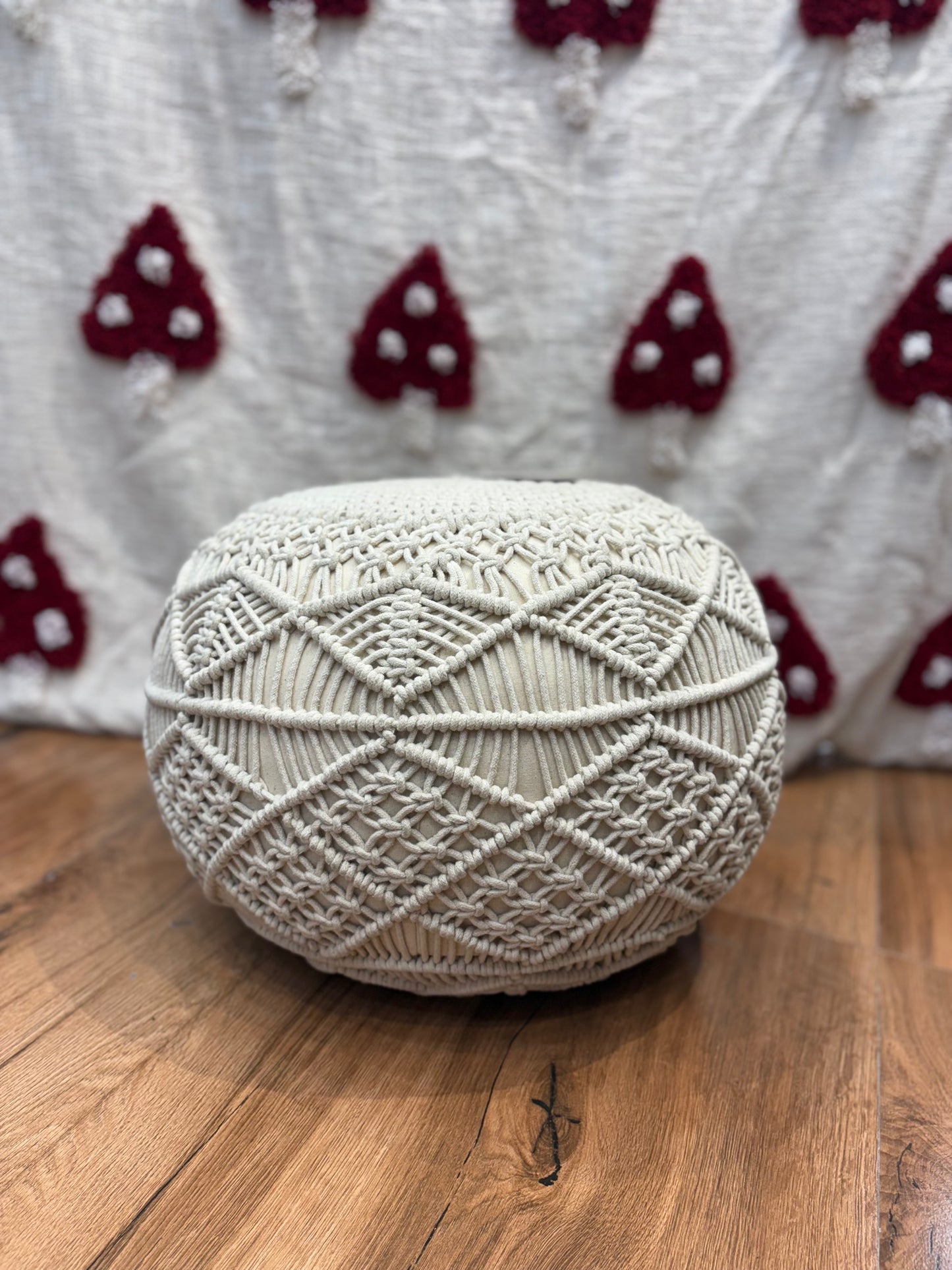 Beige Macrame Pouff
