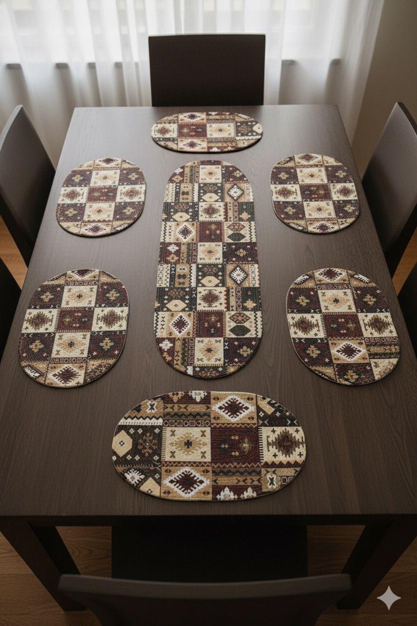Brown Dining Table Mat Set (6 Placemats + 1 Runner)