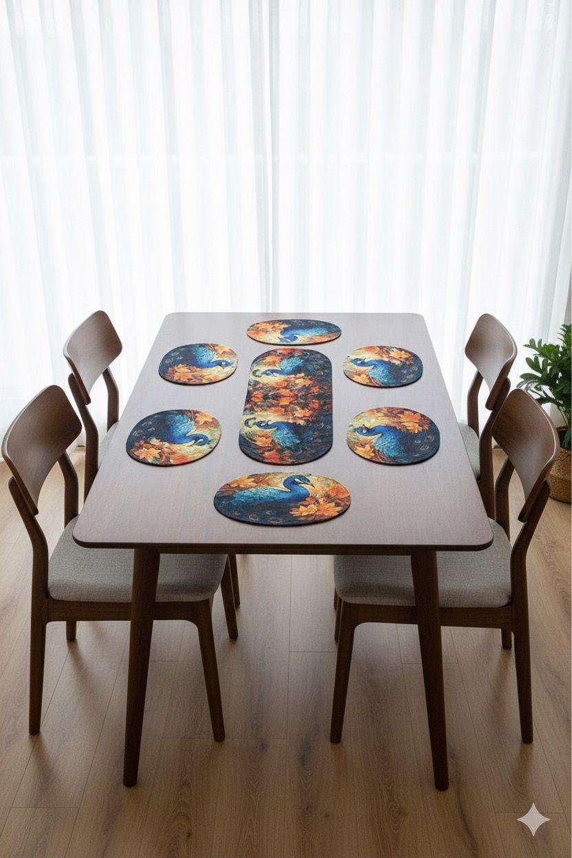 Majestic Peacock Dining Table Mat Set (6 Placemats + 1 Runner)