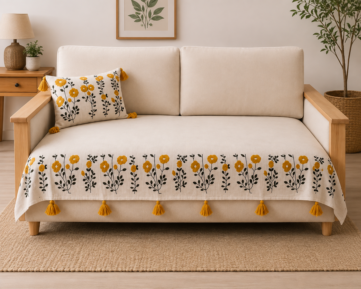 36" Tesseled Mustard Meadow Embroided Sofa Cover