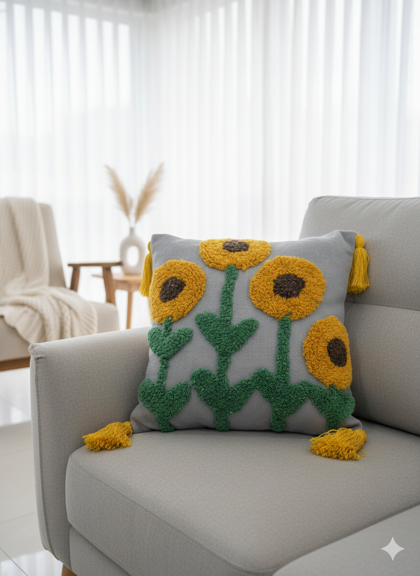 Grey Sunflower Tufted Cushion Cover