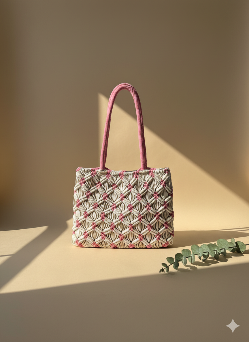 Pink Macrame Tote Bag