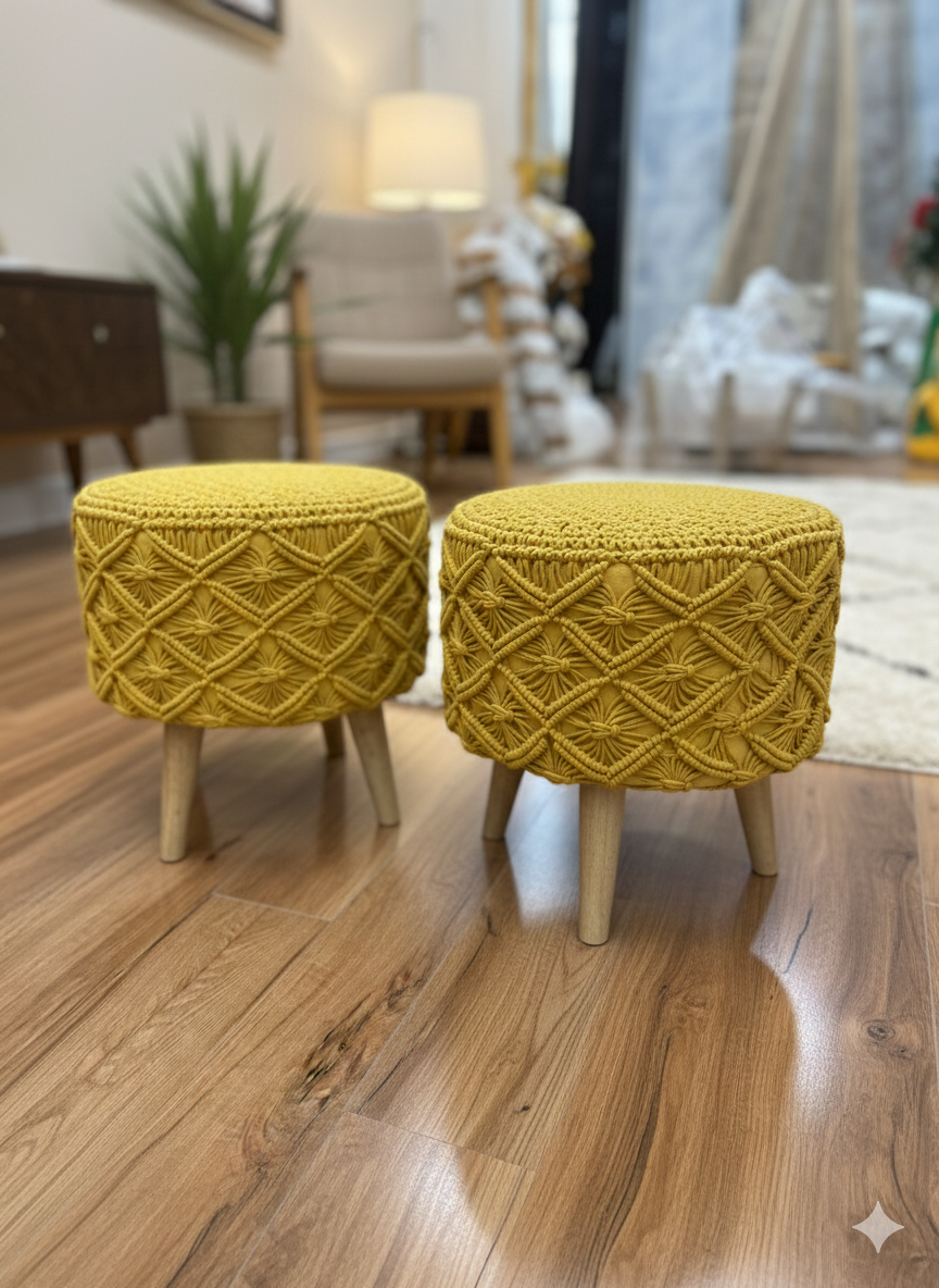 Yellow Macrame Ottoman Pair