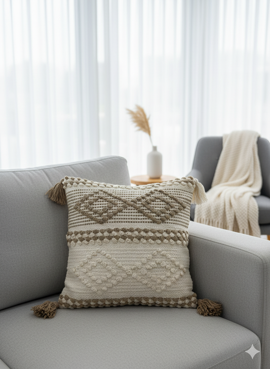 Double Diamond Beige White Boho Cushion Cover