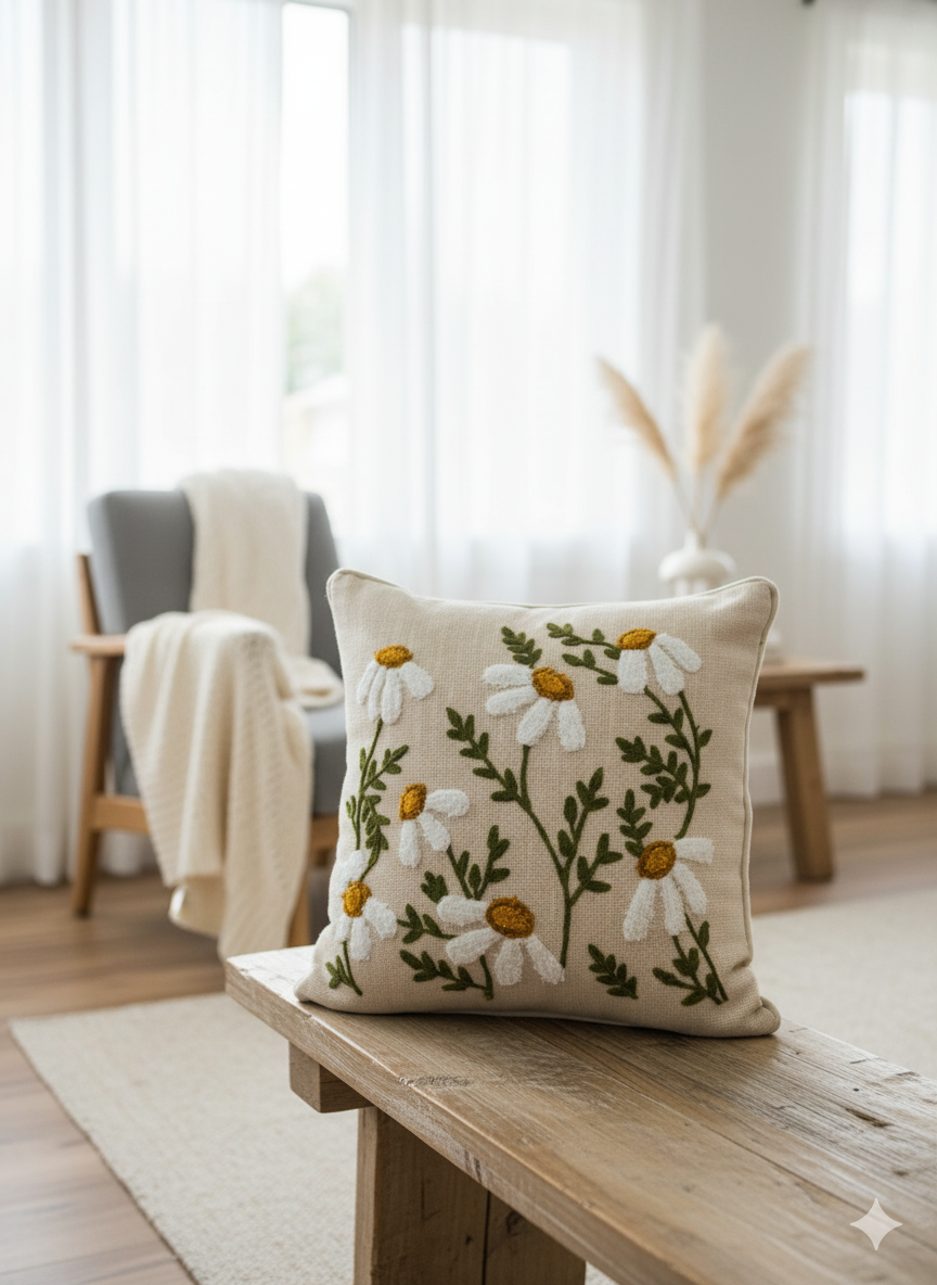 Green White Embroided Cushion Cover