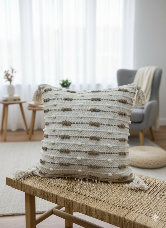 Beige Beaded Boho Cushion Cover