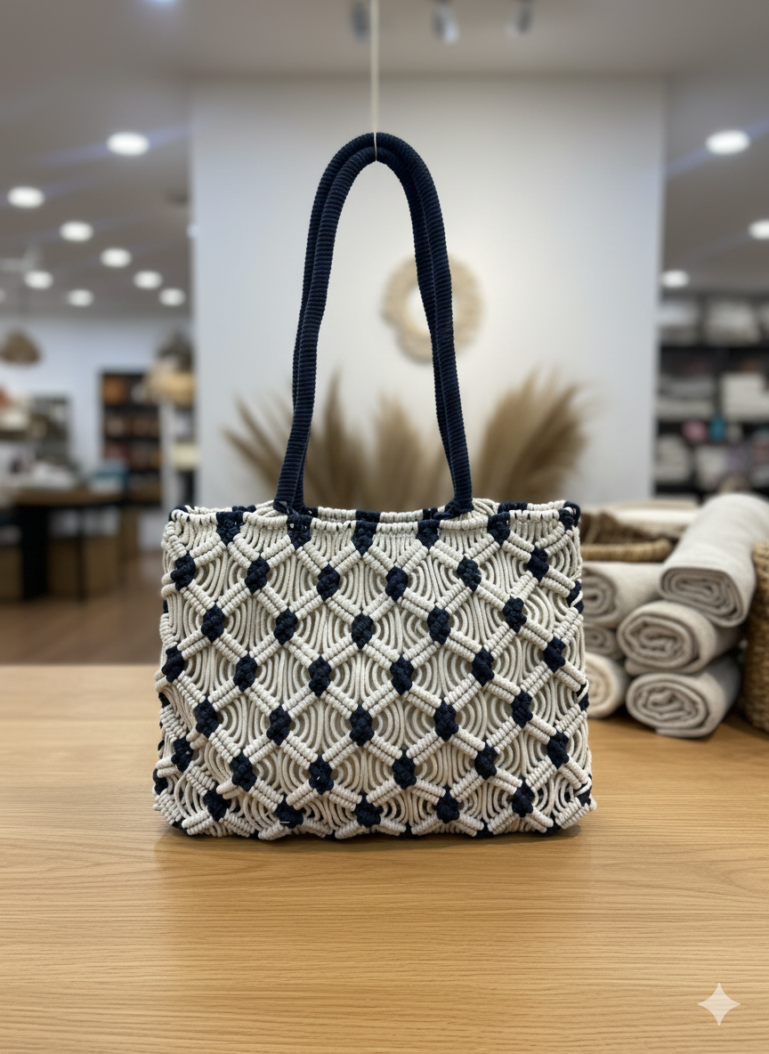 Navy Blue Macrame Tote Bag