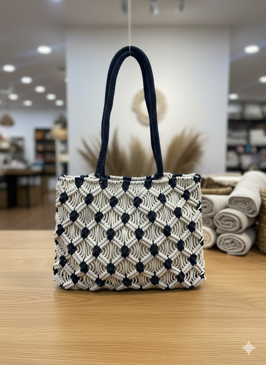 Navy Blue Macrame Tote Bag