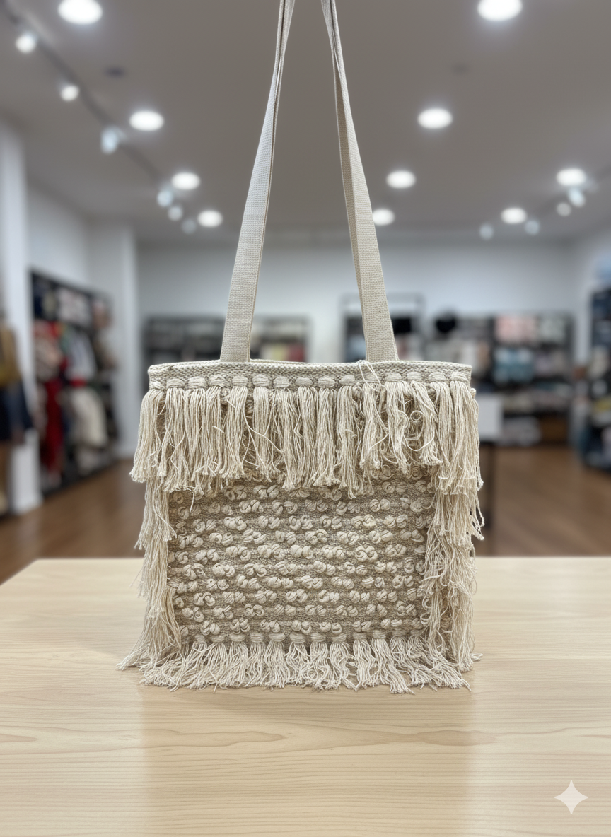 16*16 Beaded White Boho Tote Bag