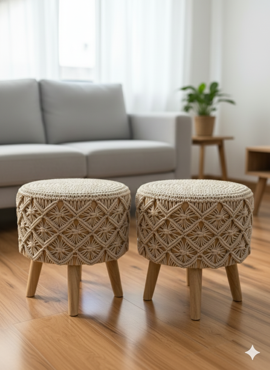 Beige Macrame Ottoman Pair