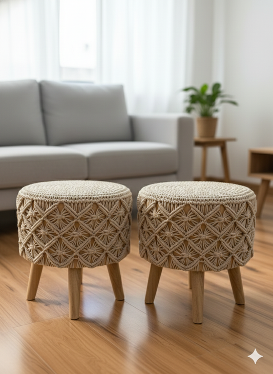 Beige Macrame Ottoman Pair