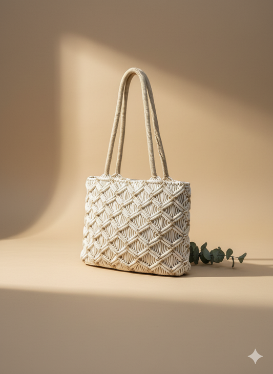 Beige Macrame Tote Bag