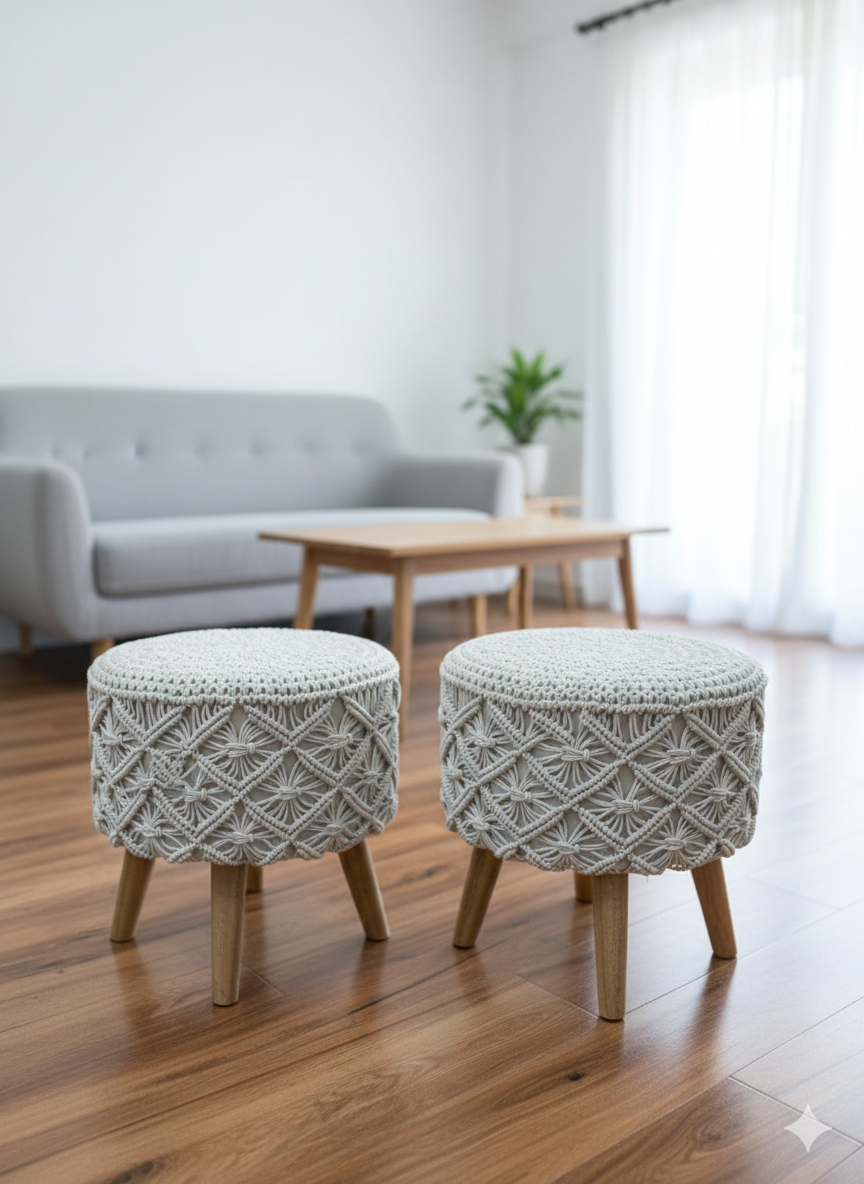 White Macrame Ottoman Pair
