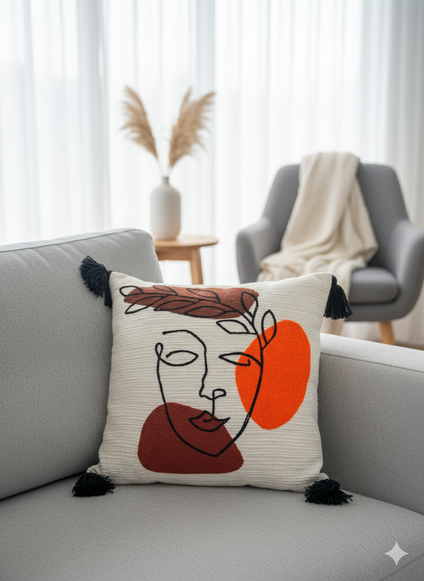 Face Embroided Cushion Cover