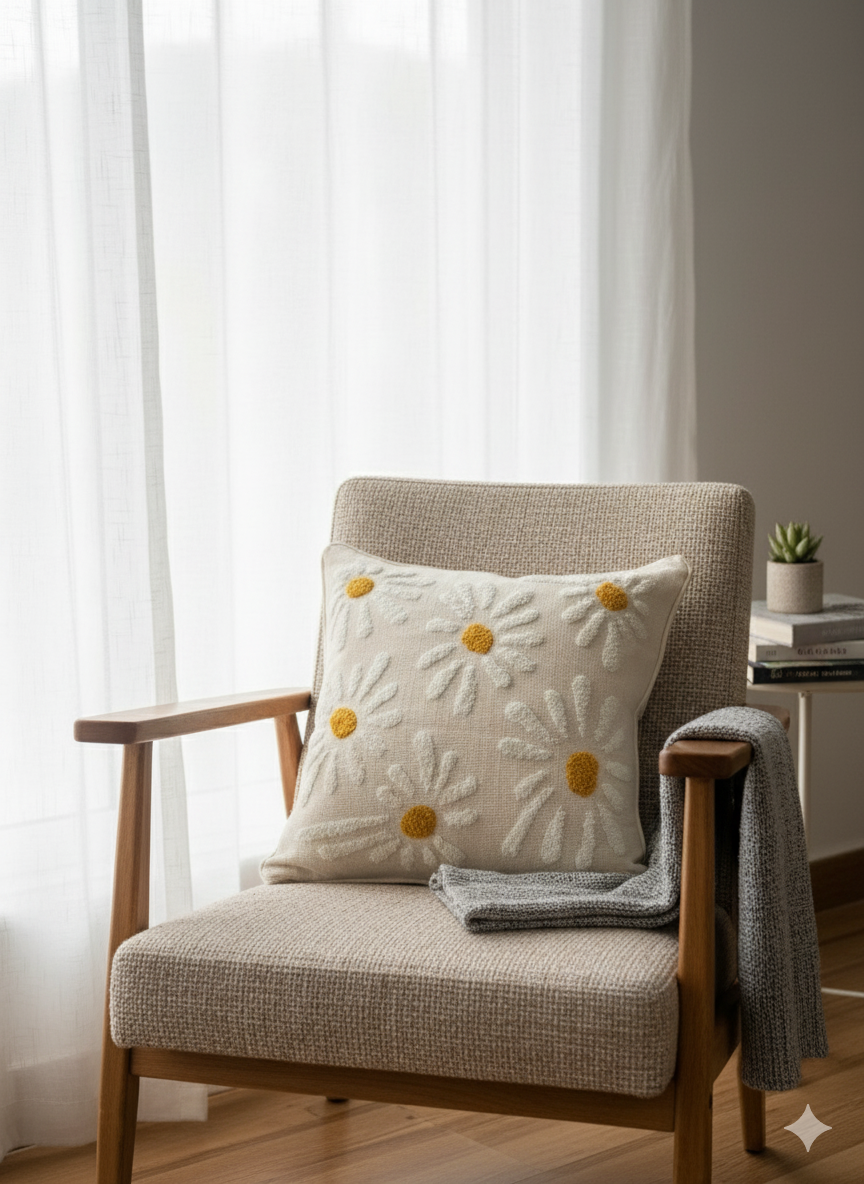 White Flower Embroided Cushion Cover