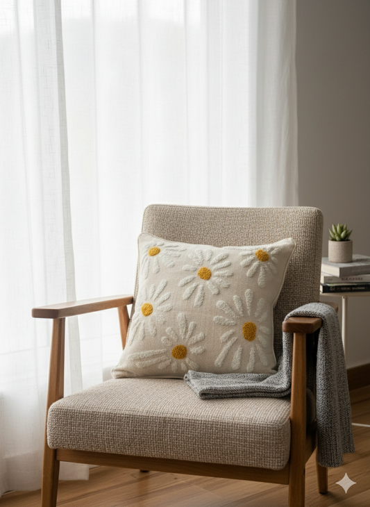 White Flower Embroided Cushion Cover