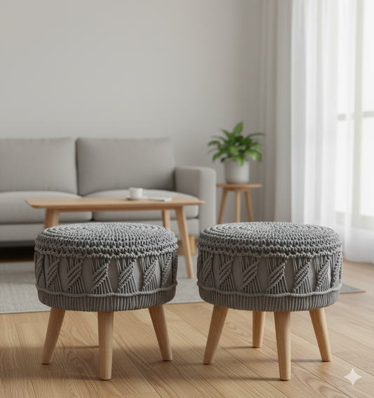 Grey Macrame Ottoman Pair