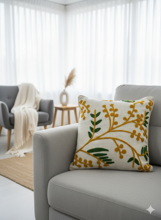 Mustard Beaded Embroided Cushion Cover